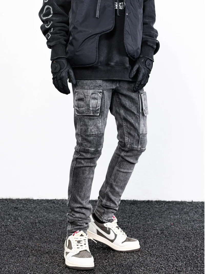 Side Pocket Denim Retro Jeans Mens Biker Zipper Jean Trousers Hip Hop Fashion High-street Slim Fit Pants Joggers Y2k Men’s Jeans