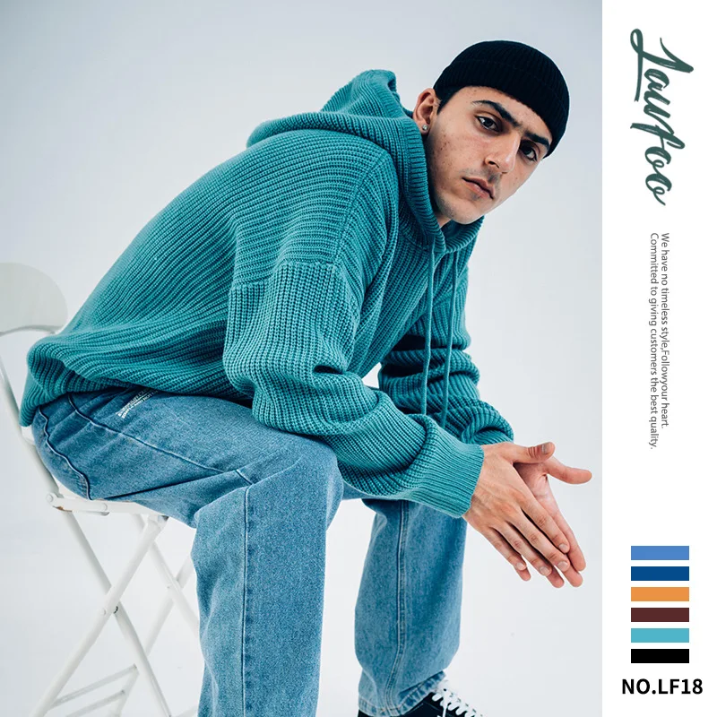 

Мужской однотонный вязаный свитер с капюшоном, свободная Мужская толстовка, новинка 2022