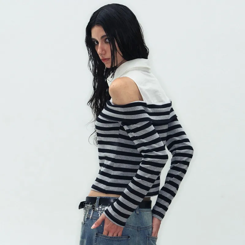 Genayooa Vintage Two Pieces Tops Women Patchwork Off Shoulder Print Graphic Streetwear American Retro 90s Tshirts Autumn