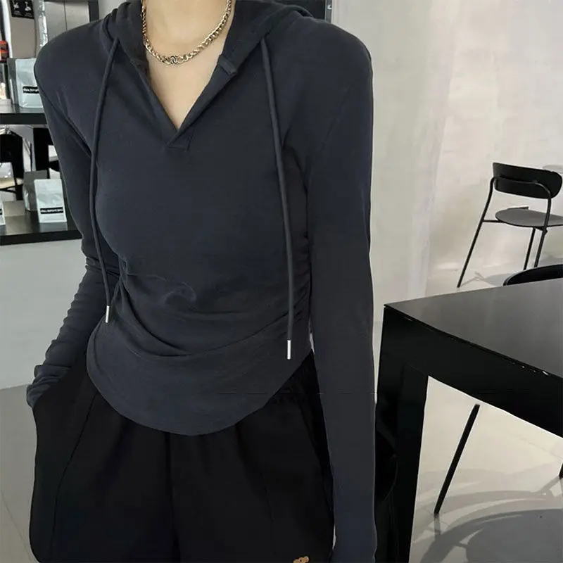 

Hoodie Women Spring and Autumn Thin Slim-fit and Slimming Right Shoulder T-shirt Design Sense Niche Pure Long-sleeved Short Top