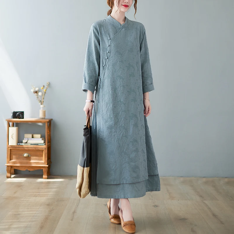 

Женское хлопковое жаккардовое платье, винтажное свободное Повседневное платье с длинным рукавом в китайском стиле, осень 2023