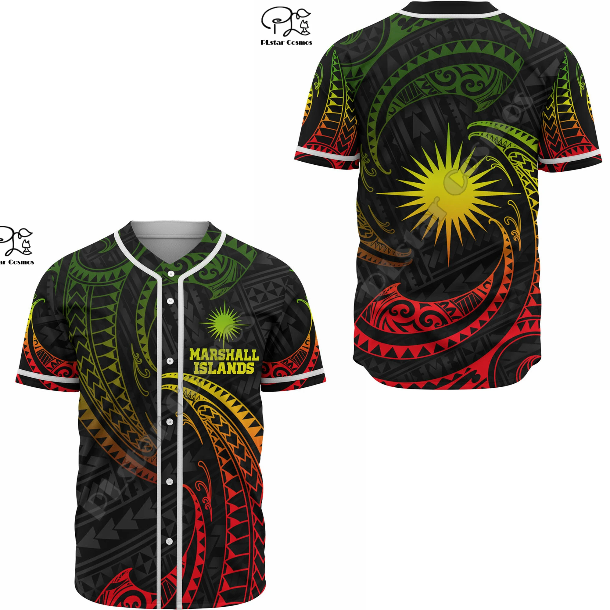 Marshall Islands Polynesian Flag Tribal Culture Retro Tattoo 3DPrint Men/Women Summer Baseball Jersey Shirts Short Sleeves X2