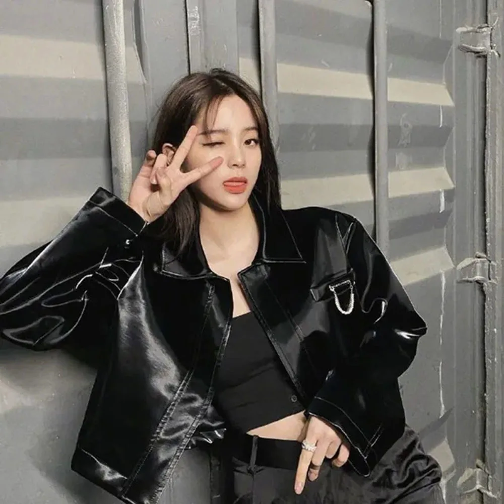 Куртка женская из ПУ кожи блестящая короткая верхняя одежда Роскошный