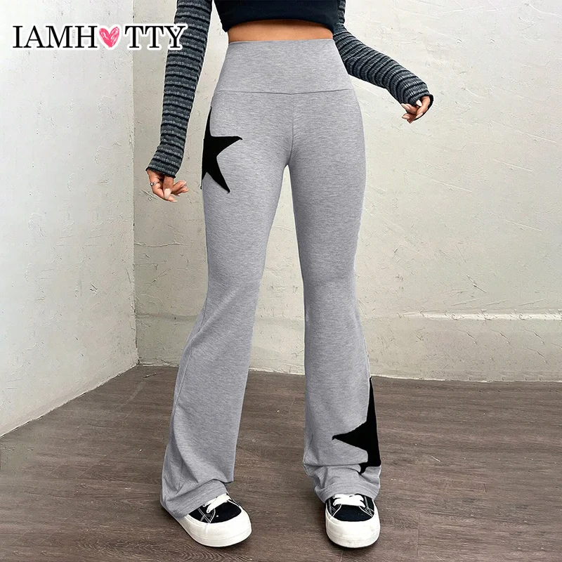 

IAMHOTTY Casual Star Print Flare Pants Grey High Waist Stretchy Slim-fit Sweatpants Y2K Leggings Sports Joggers Trousers Autumn