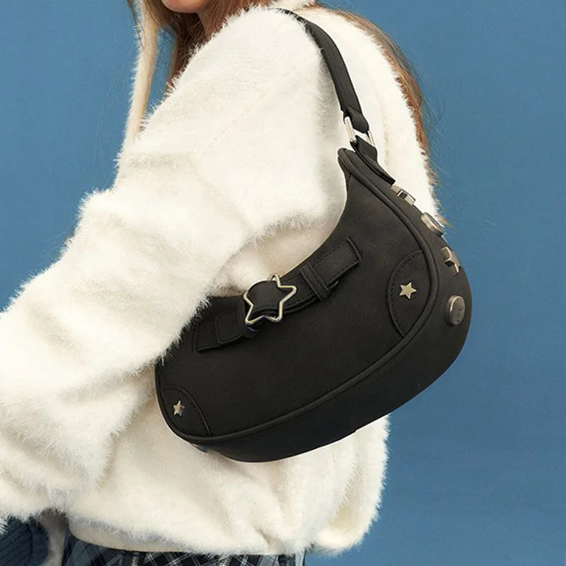 Star Rivet Armpit Bags for Women Denim Purses and Handbags Fashion Designer Shoulder Bag Half Moon Hobo Clutch Ladies Tote Chic