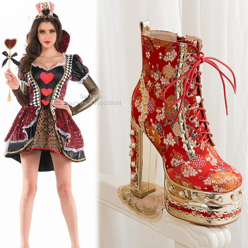 Women's Luxury Floral Platform Ankle Boots Pearl Studded Crystal Chunky Heels Mixed Colors Shoes Embroidered Lace Up Royal Boots
