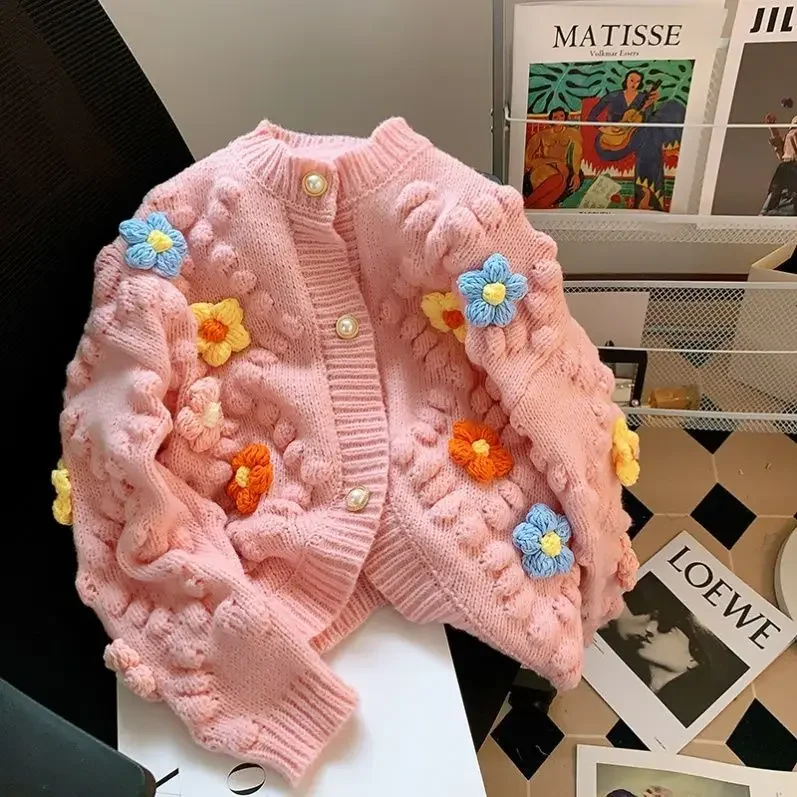 Фото Kawaii свитер с 3D цветочной вышивкой, вязаный кардиган, женский свитер с длинными рукавами, одинарный переплетенный свитер контрастного цвета, осень 2024, осень №5