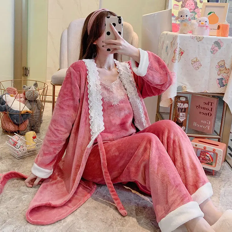 3 шт. Женские флисовые пижамные комплекты на осень и зиму | Женская одежда
