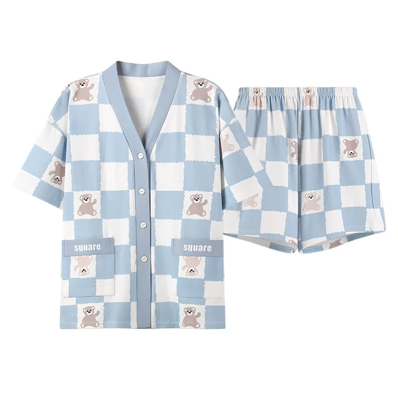 Comfortable Pajamas Women's Homewear Short Sleeve V Neck Short Sleeve Shorts Checkered Cartoon 2pcs Nightgown Bow-knot Sleepwear
