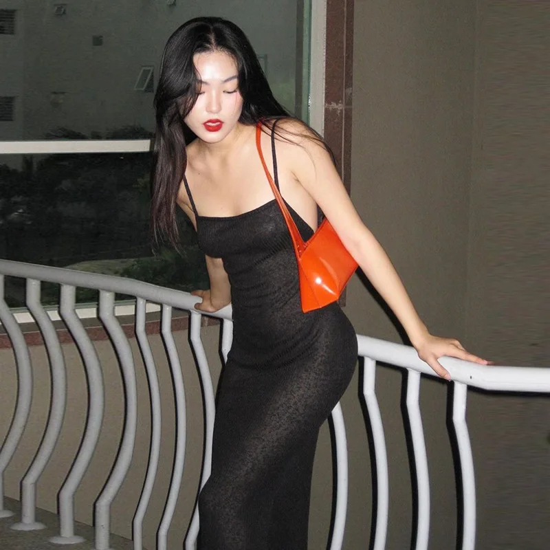 

Elegant See Through Long Mermaid Dress Fashion Sexy Women Sleeveless Strap High Waist Slim Fit Evening Party Bodycon Dress