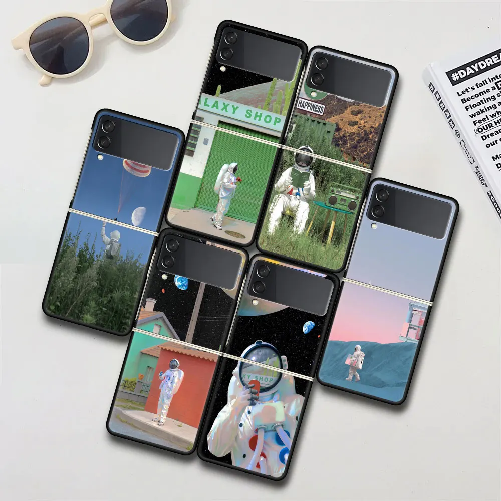 Чехол Звездное небо с астронавтом для Samsung Galaxy Z Flip4 Flip3 Hard PC Phone Cover Flip 4 3 5G Black Funda Capa