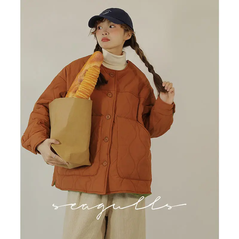 

2023 Round Neck Fleece Lining With Contrasting Single Breasted Thickened Pockets Cotton Jacket Quilted Collarless