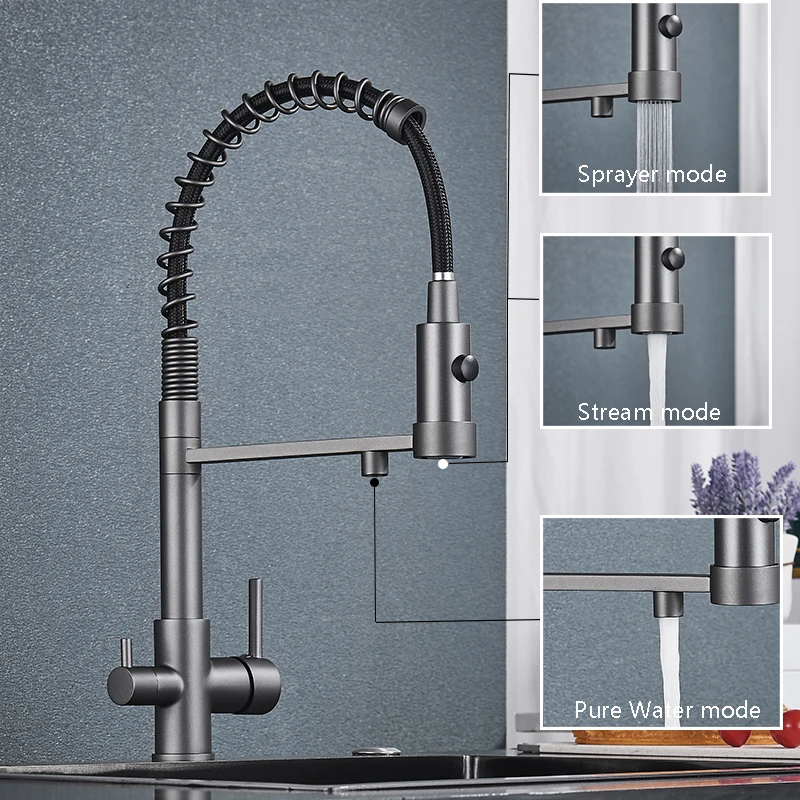 

Gun Grey Purified Kitchen Faucet Deck Mount Hot Cold Mixer Crane Tap Rotation Spray Stream Mode For Filter Drink Water