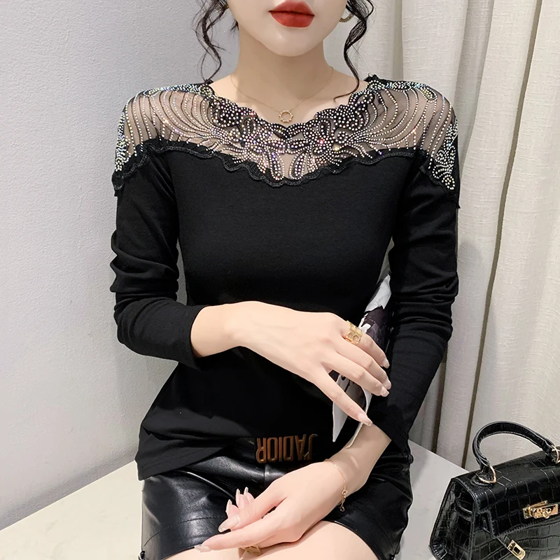 Европейский стиль, женская мода, сексуальные прозрачные рубашки со стразами, женская одежда, женские милые винтажные эстетические женские топы