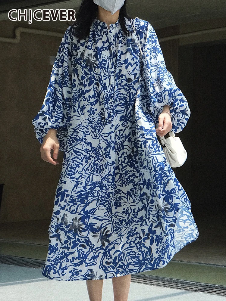 

CHICEVER Fashion Vintage Print Colorblock Dress For Women Lapel Lantern Sleeve Loose Midi Dresses Female Spring Clothes New 2022