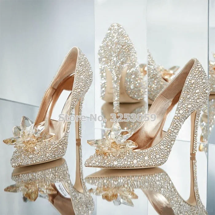 

ALMUDENA Bling Bling Cinderella's Crystal Shoes Gold Siver Red Black Glittering Rhinestone Wedding Shoes Jewelry Floral Pumps