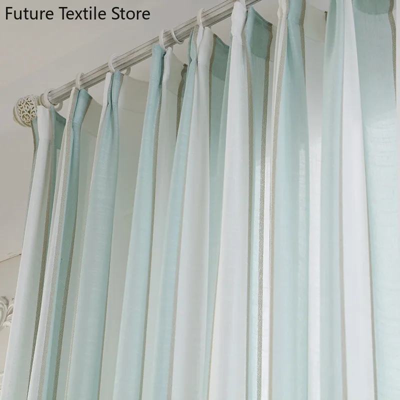 New Blue and White Striped Linen Cotton Gauze Curtains for Living Room Bedroom Custom Partition Decoration Simple Rresh Girl