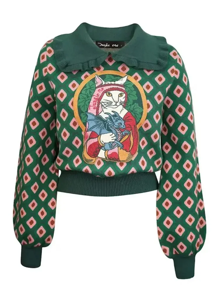 

Cartoon Embroidered Jacquard Knit Sweater Pullover Women Stylish Vintage Fashion Chic Tops Autumn Winter Long Sleeve Jumper Y2K
