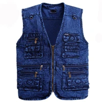 mens vest outerwear denim waistcoat deep blue color plus size sleeveless jacket multi pocket size xl to 5xl
