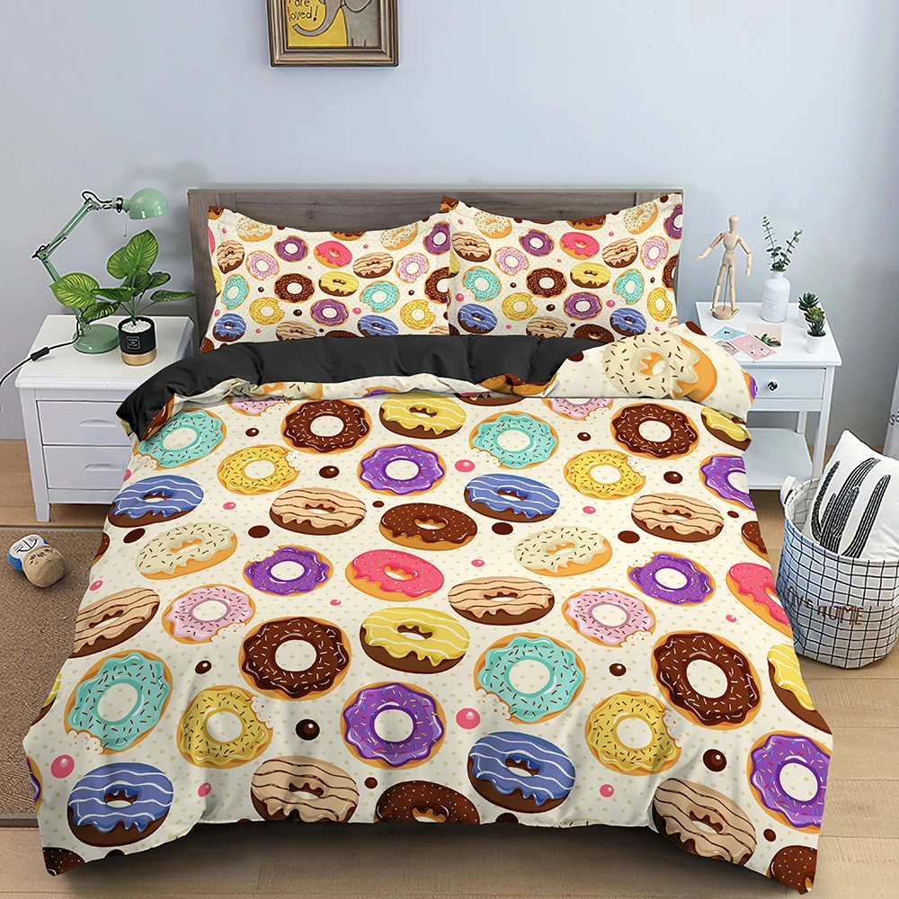 

Colorful Donut King Size Duvet Cover Cartoon Sweet Chocolate Dessert Bedding Set for Kids Girl Food 2/3pcs Polyester Quilt Cover