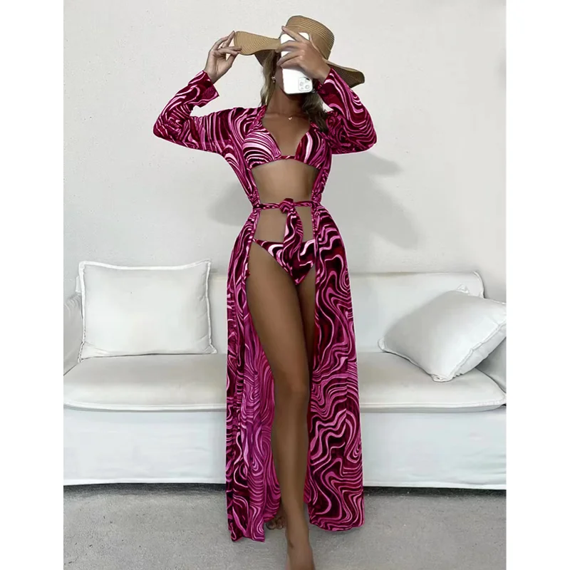 

Women's 3 Piece Bikini Halter Sexy Swimwear Bikini String Bikini Cover Up Long Skirt Striped Print Swimwear