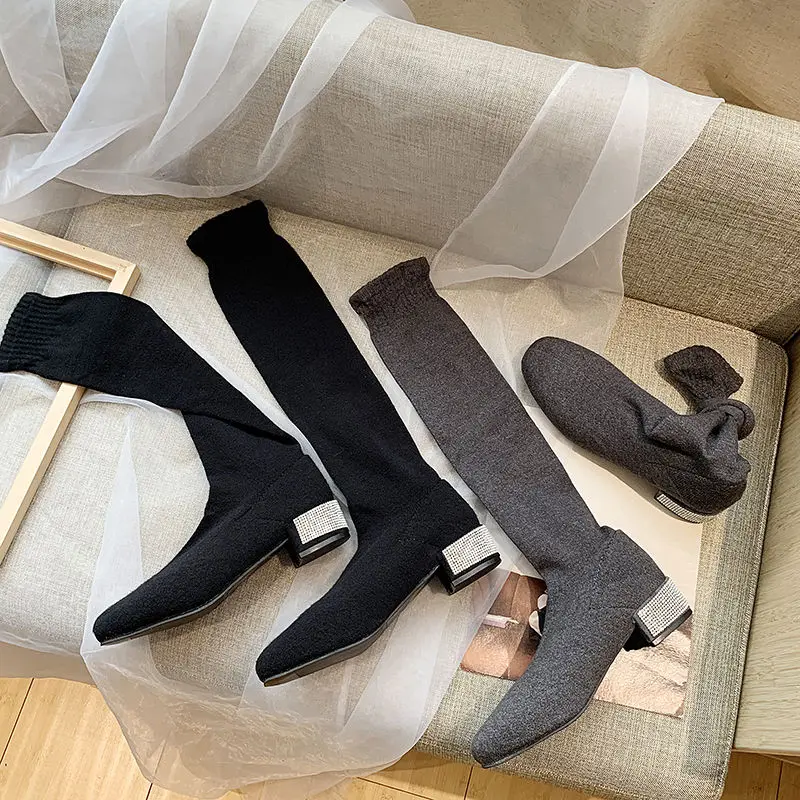 Сапоги выше колена сапоги на толстом каблуке Осенние эластичные высокие женские