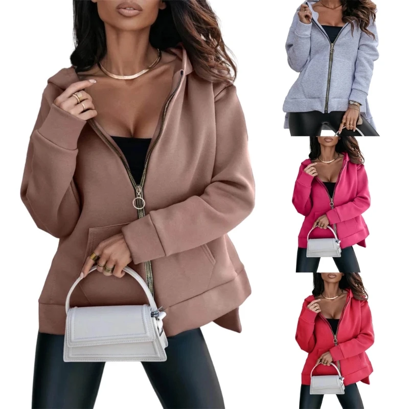 

Женская повседневная толстовка на молнии с капюшоном, свободная однотонная толстовка с разрезом и длинными рукавами, куртки с