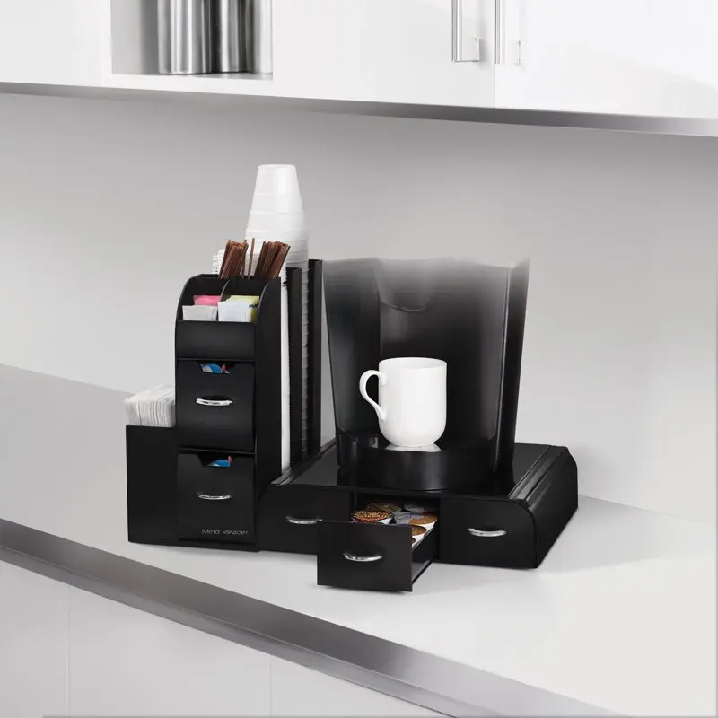 

Stunning Black Coffee Pod Drawer and Condiment Organizer Caddy - The Perfect Solution for All Your Storing Needs!