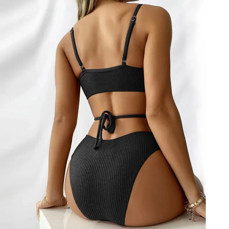 Sexy Cross Strappy Solid Swimsuit Women Two-pieces Push Up Padded Bra Thongs Set Vertical Striped Beachwear For Ladies