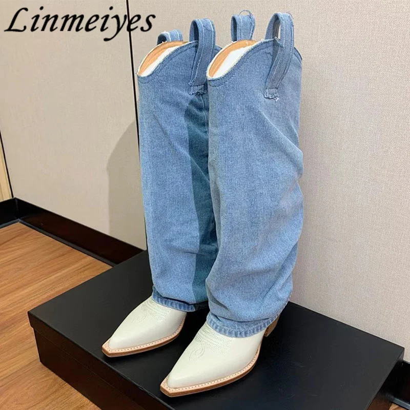 

New High Heels Fashion Boots Women Hot Selling Pants Genuine Leather Boots Female Autumn Western Cowboy Embroidered Boots Woman