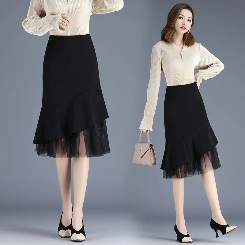 

2022 New Spring Japanese Formal Solid BlackFishtail Skirt High Waist Belt Slim Package Hip Mermaid Jupe Elegant Mujer Faldas