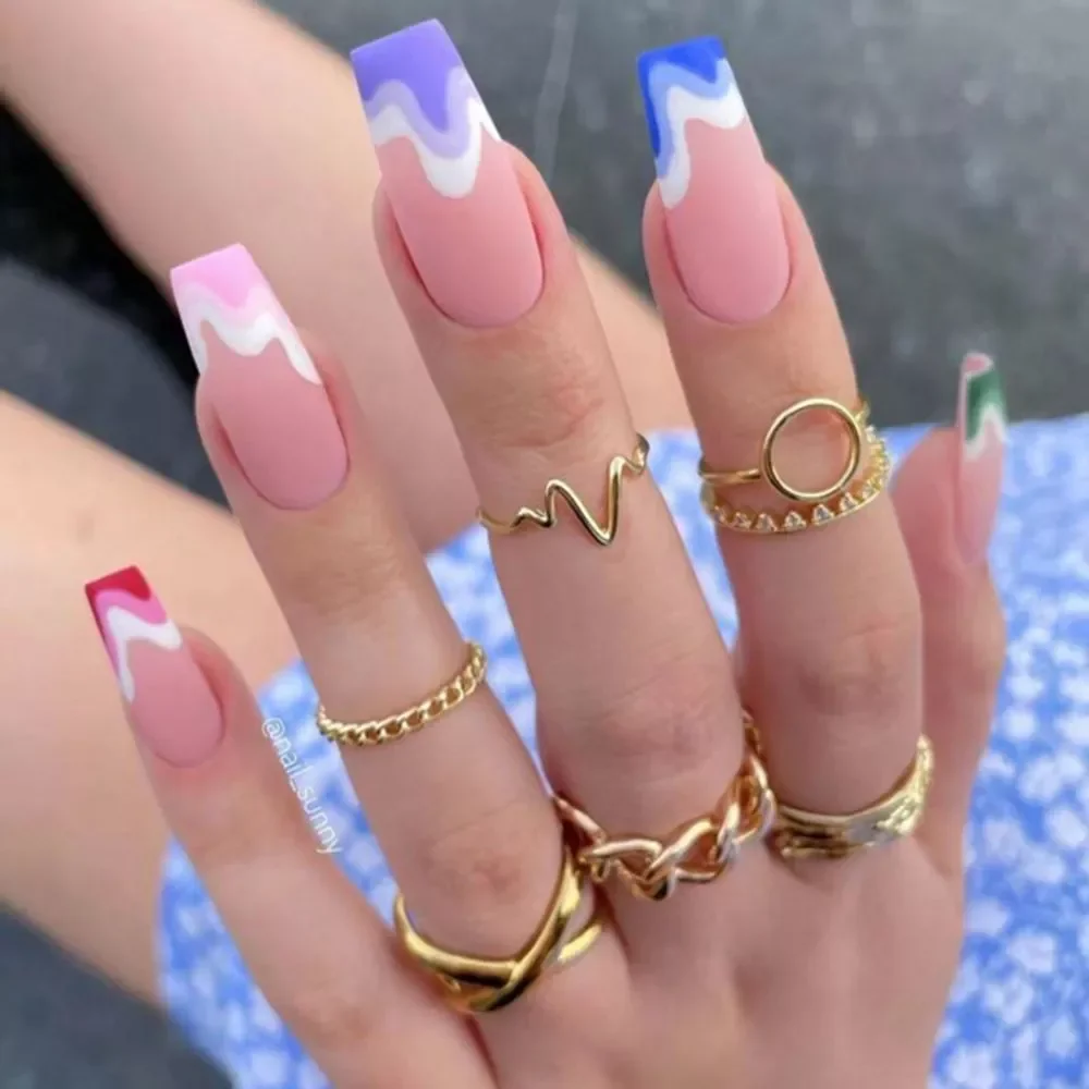 

nails with rainbow wave design Detachable Ballerina False Nails Wear Long Coffin Nails Full Cover Nail Tips Press On Nails