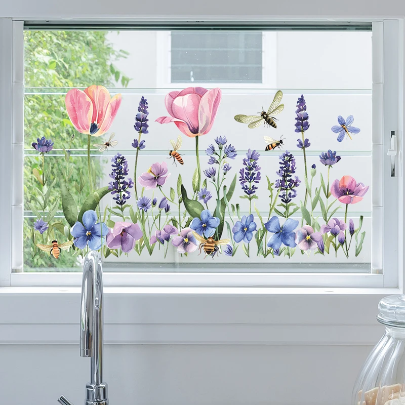 Виниловые настенные наклейки с цветами тюльпанов на стеклянную дверь окно стены