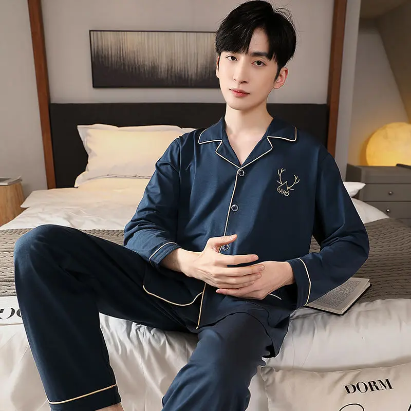 1 2023 new men's pajamas spring and autumn high-grade cotton long-sleeved trousers two-piece suit home clothes