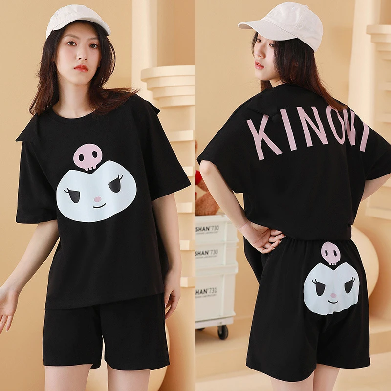 

Kawaii Kuromi Cinnamonroll My Melody Cartoon Cotton Short Sleeve Sleepwear Women's Crew Neck Pajamas Set Plush Toys Girls Gift