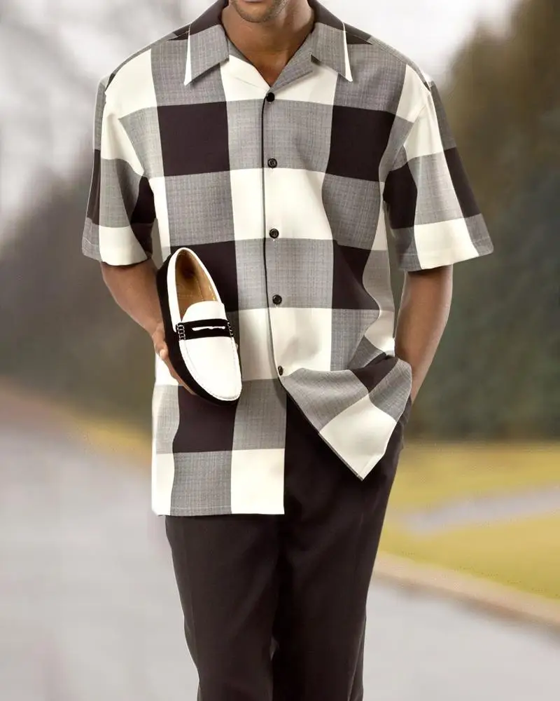 New fashion men's cardigan single-breasted short-sleeved shirt+suit pants two-piece casual men's outdoor hiking suit 4XL