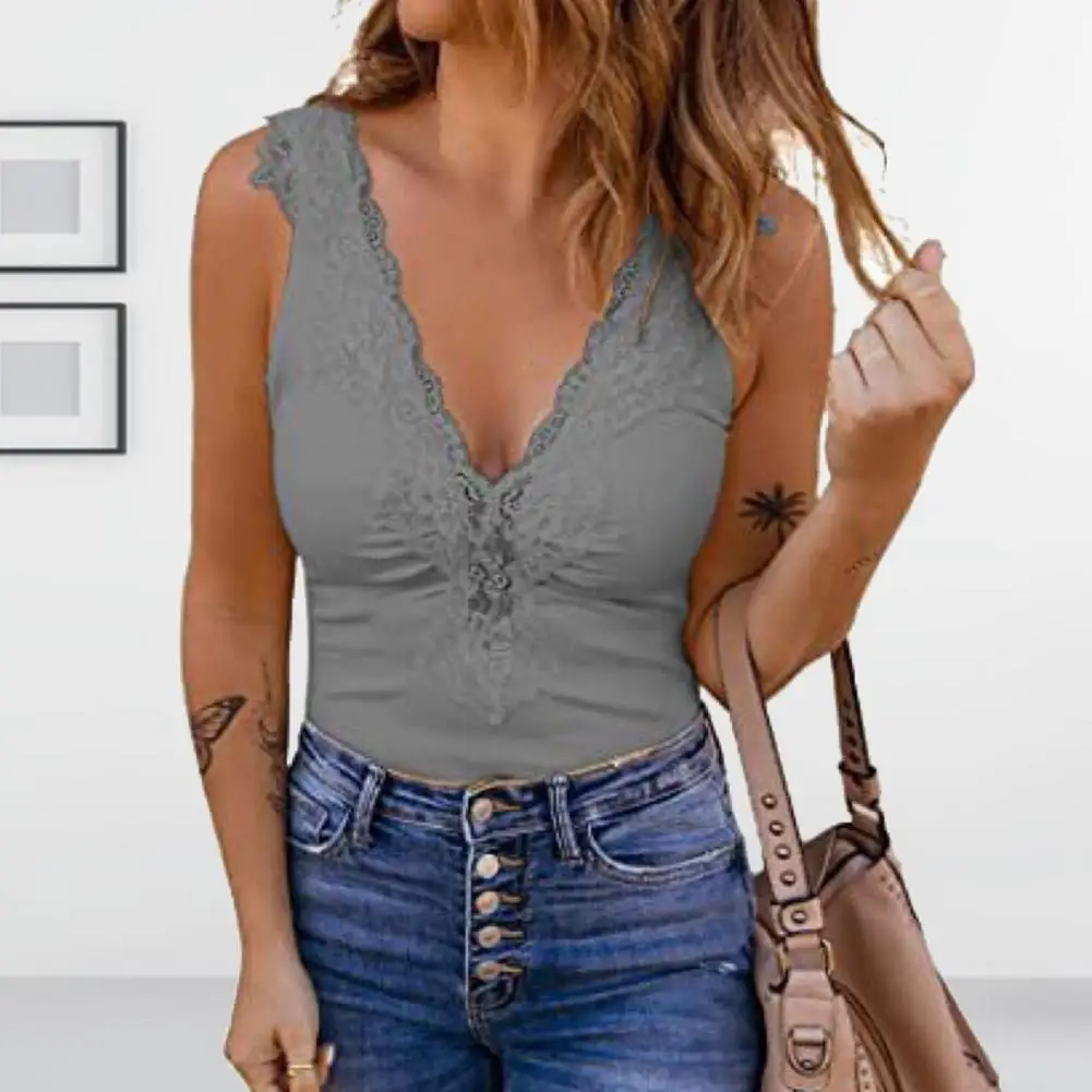 

Ladies Summer Cool Tank Deep V-neck Sleeveless Lace Patchwork Pullover Vest Sexy Solid Color Slim Camisole Top Female Clothing