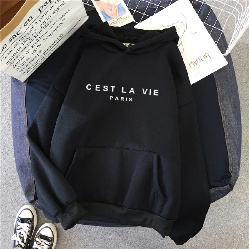 

C'est La Vie Paris Letter Printed Hoodies Sweatshirt Student Unisex Pair Unique Aesthetic Comfortable Letters Couple Pullover