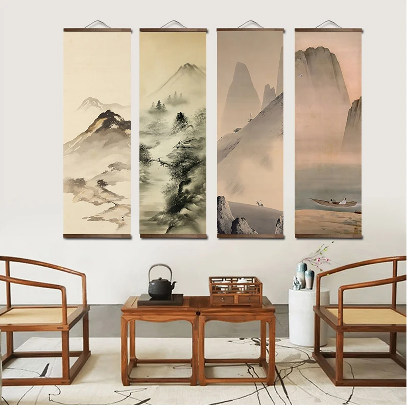 

Nordic Canvas Printed Poster Wall Hanging with Scroll Painting Chinese Landscape Painting with Ink and Water Art for Living Room