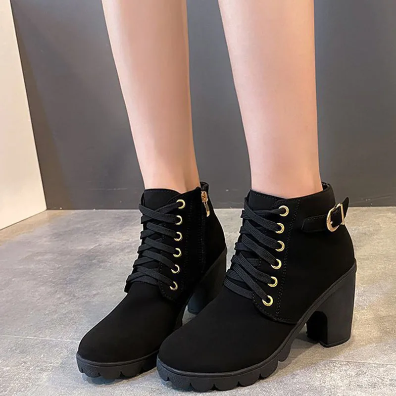 

Plus Size 35-42 Women Pumps Boots High Quality Lace-up European Ladies PU High Heels Ankle Boots Fast Delivery Womens Shoes