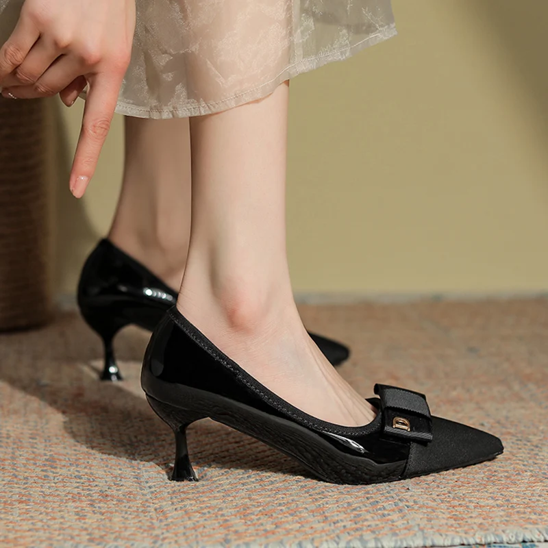 New Spring Women's High Heels Pointed Toe Black Toe Pumps Ladies Boat Shoes Bow Slip on Femme
