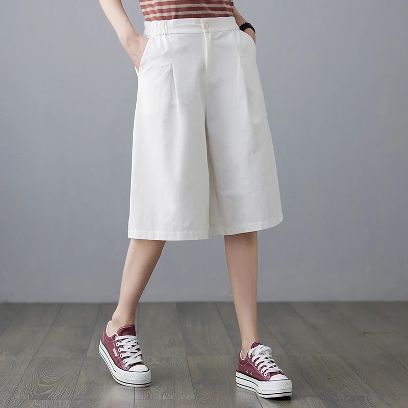 2023 New Summer Casual Loose Ladies Straight Pants Elastic High Waist Solid Knee-Length Wide Leg Pants for Women Black White