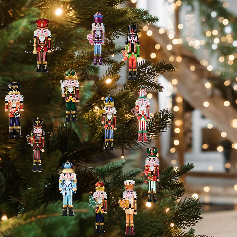 8/12Pcs Cute Nutcracker Puppet Zakka Christmas Wooden Ornaments Walnut Soldier Pendant DIY Color Printed Xmas Tree Accessories