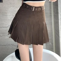 vintage striped a line skirt women summer korean mini high waist pleated skirt jk student kawaii fashion streetwear gift belt