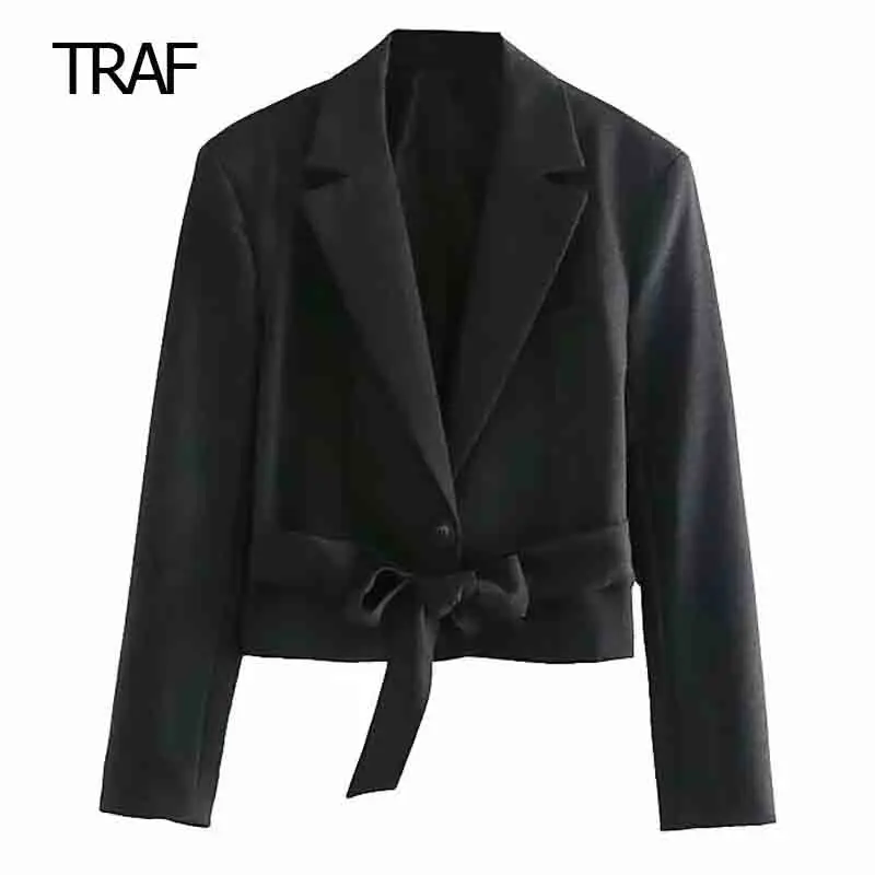

TRAF Women's Tailoring Blazer Autumn 2023 Lapel Collar Long Sleeve Belt Bow Female Short Coats Fashion Blazer Casual Outerwears