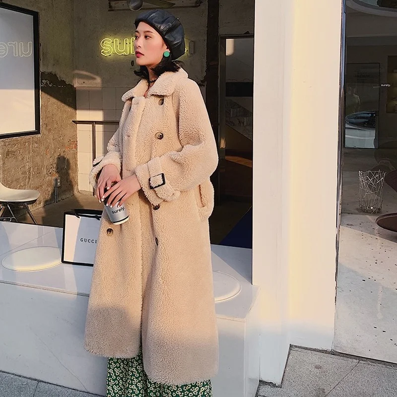 Winter Grainy Shearing Coat Ladies Wool Coat Ladies Elegant Double-breasted Long Fashion Warmth Ladies Casual Lambskin Coat