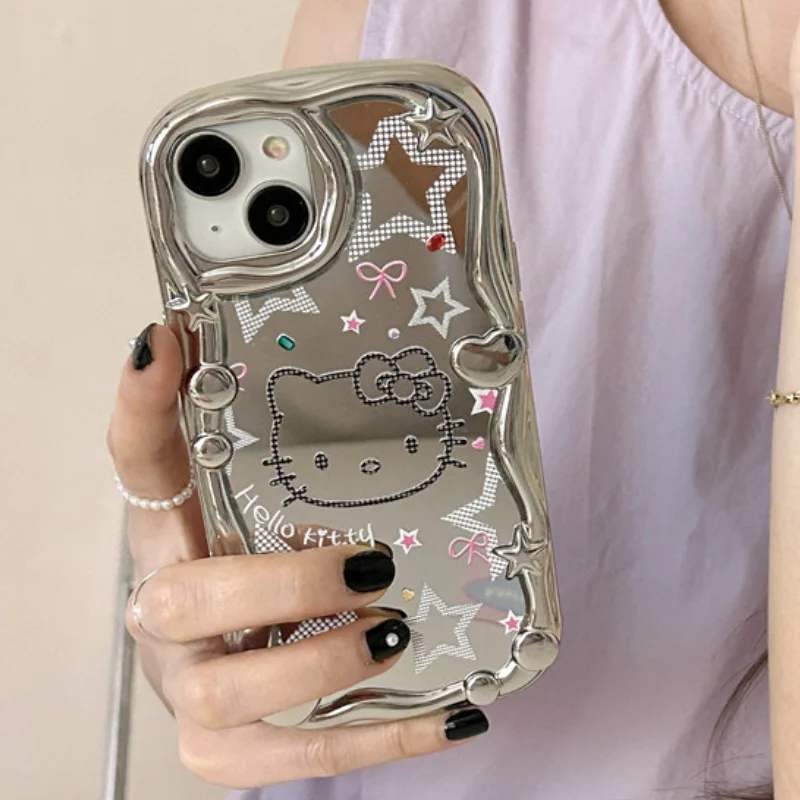 

Мультяшный защитный чехол Hellokittys Sanrio Anime Kt Cat Iphone 12/13/14 Pro Max Гальванизированный серебристый чехол для мобильного телефона мягкий чехол