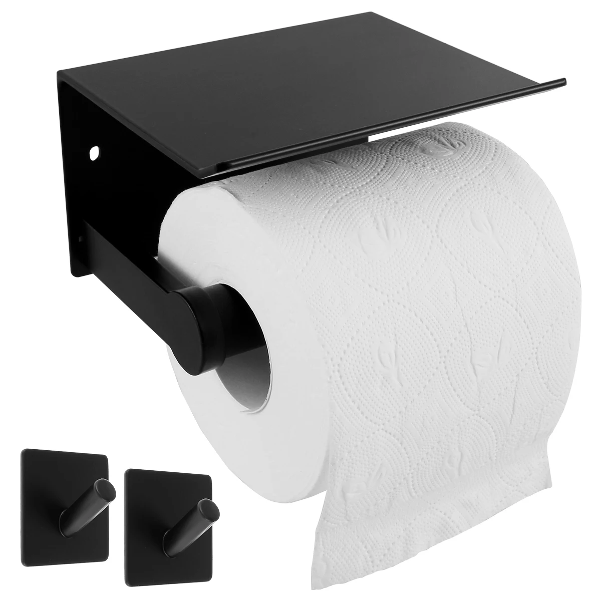 

Toilet Paper Holder Self Adhesive Toilet Roll Holder with Phone Shelf 2 Towel Hooks Wall Mounted Tissue Holder Rustproof Tissue