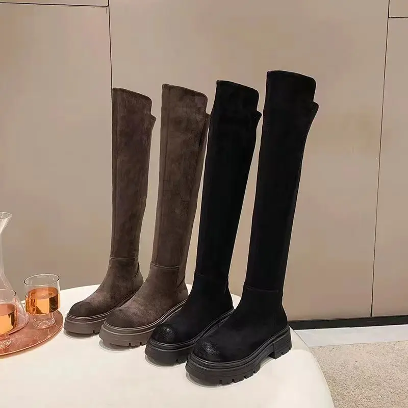 

Женские Нескользящие сапоги до колена, из матового флока, с плюшевой подкладкой, на толстом каблуке, 2022