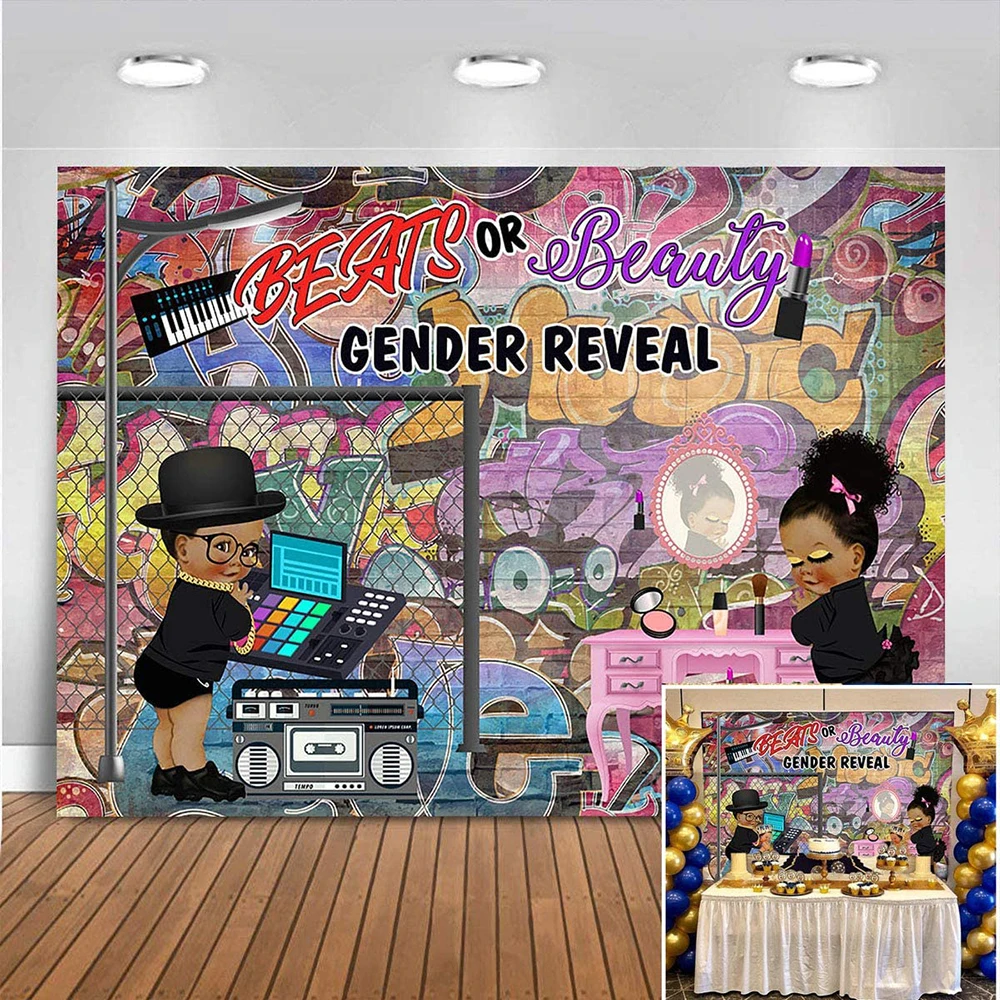 

Gender Reveal Baby Shower Backdrop Vintage Boy or Girl Party Decoraions Vinyl Colorful Graffiti Brick Wall Hip Hop Table Banners